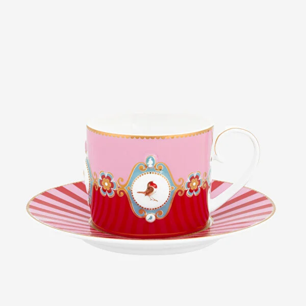 KIRMIZI/PEMBE MADALYON DESENLİ ÇAY FİNCANI