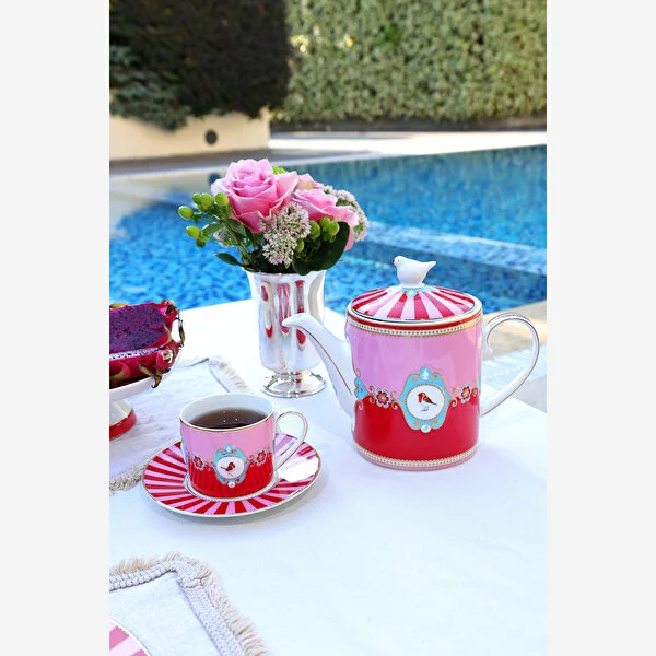KIRMIZI/PEMBE MADALYON DESENLİ ÇAY FİNCANI