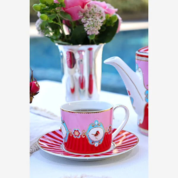 KIRMIZI/PEMBE MADALYON DESENLİ ÇAY FİNCANI