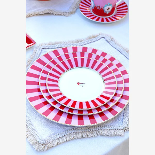 KIRMIZI/PEMBE ÇİZGİLİ KAHVALTI TABAĞI 21 CM LİK