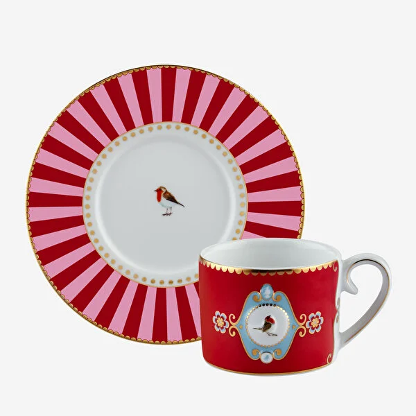 Love Birds Kırmızı/Pembe Madalyon Desenli Kuşlu Kahve Fincan