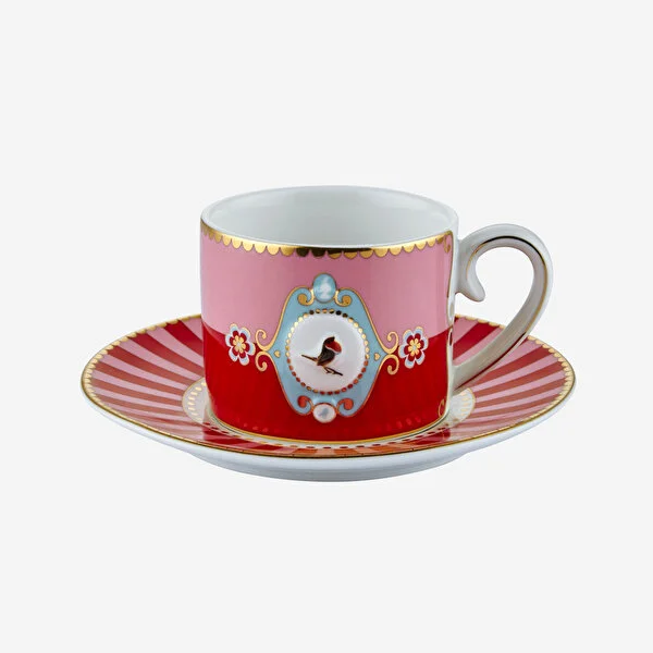 Love Birds Kırmızı Madalyon Desenli Kuşlu Kahve Fincanı 100 ml