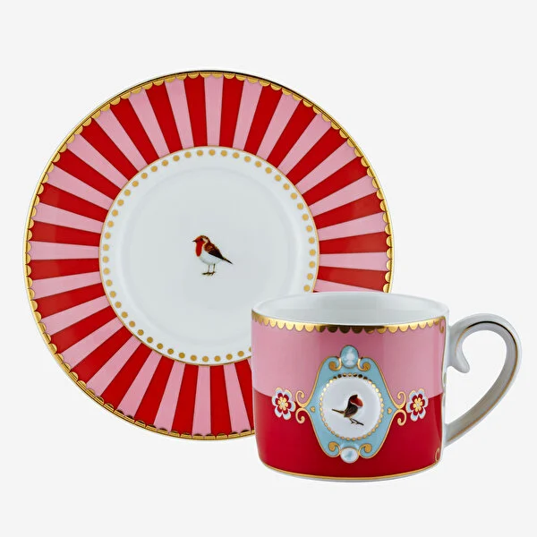 Love Birds Kırmızı Madalyon Desenli Kuşlu Kahve Fincanı 100 ml