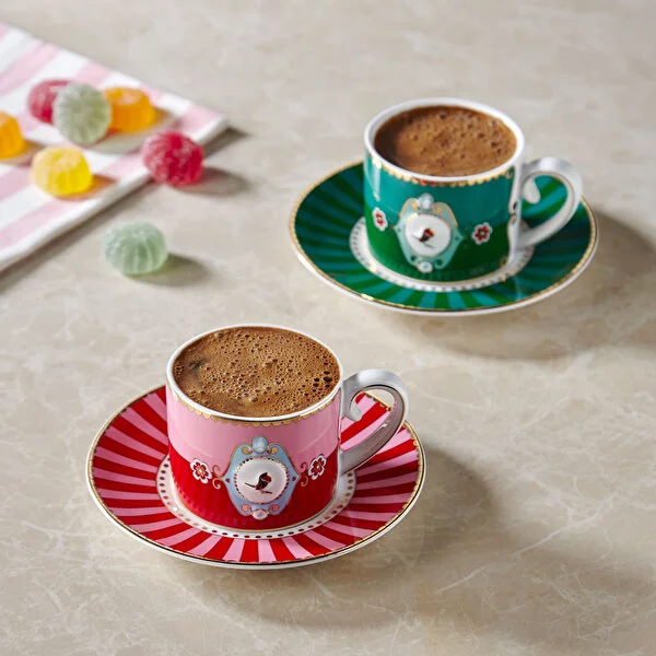 Love Birds Yeşil Madalyon Desenli Kuşlu Kahve Fincanı 100 ml