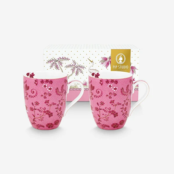 Jolie İkili Pembe Çiçekli Büyük Mug Seti 350 ml. 