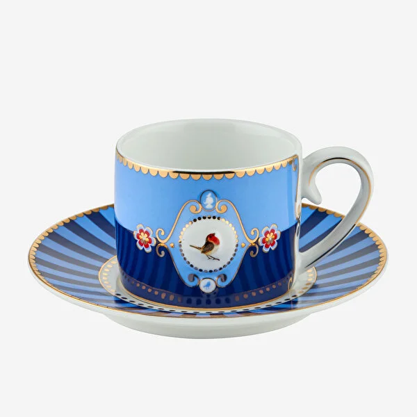 Love Birds Mavi Madalyon Desenli Kuşlu Kahve Fincan 100 ml