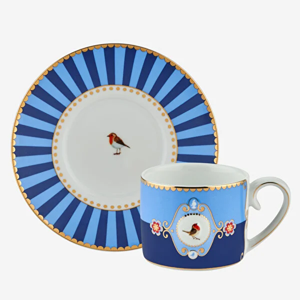 Love Birds Mavi Madalyon Desenli Kuşlu Kahve Fincan 100 ml