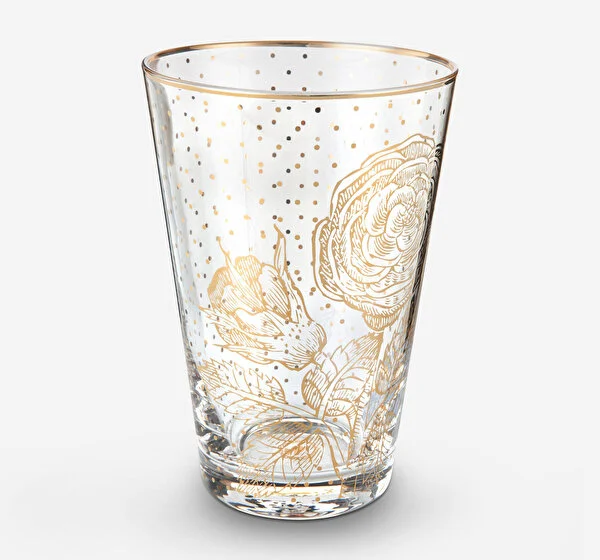 Royal Altın Çiçek Desenli Uzun Su Bardağı 370 ml