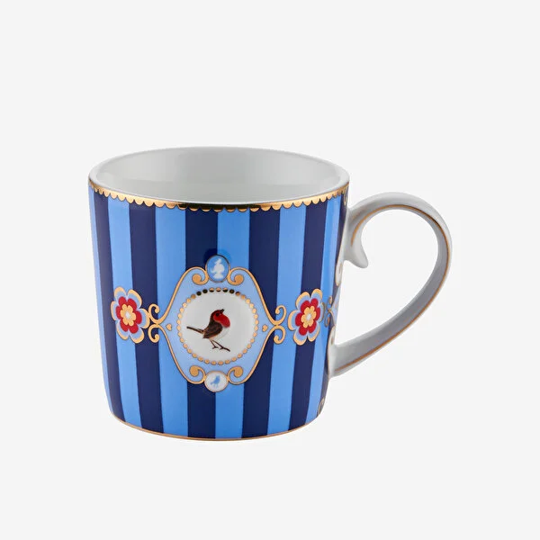 Love Birds Mavi Çizgili Madalyon Desenli Küçük Mug