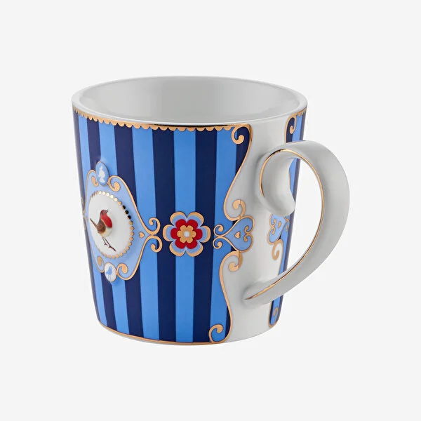 Love Birds Mavi Çizgili Madalyon Desenli Mug 250 m